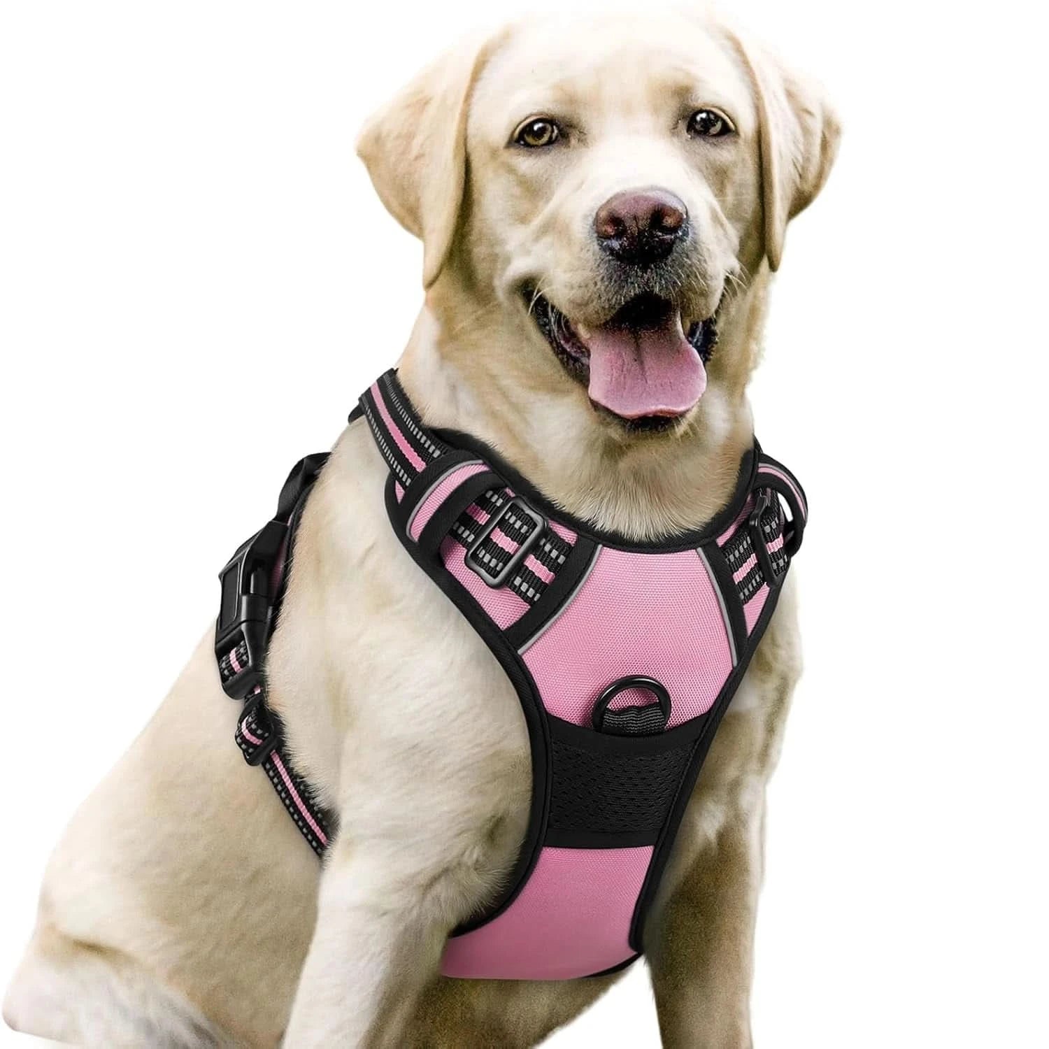 Black Noblias no-pull dog harness with front clip, adjustable reflective vest, and handle for secure, comfortable walking.