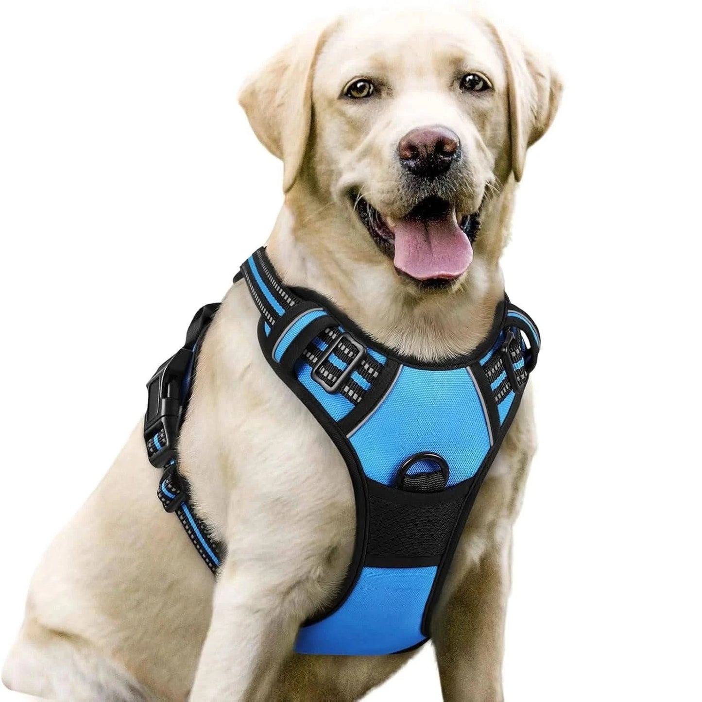 Black Noblias no-pull dog harness with front clip, reflective vest, adjustable straps, and handle for secure walking.