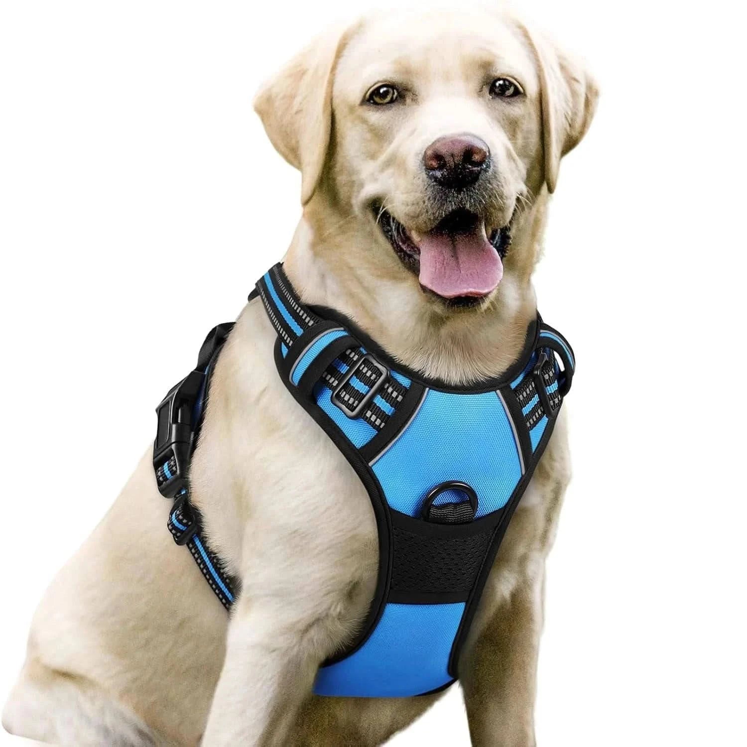 Black Noblias no-pull dog harness with front clip, reflective vest, adjustable straps, and handle for secure walking.