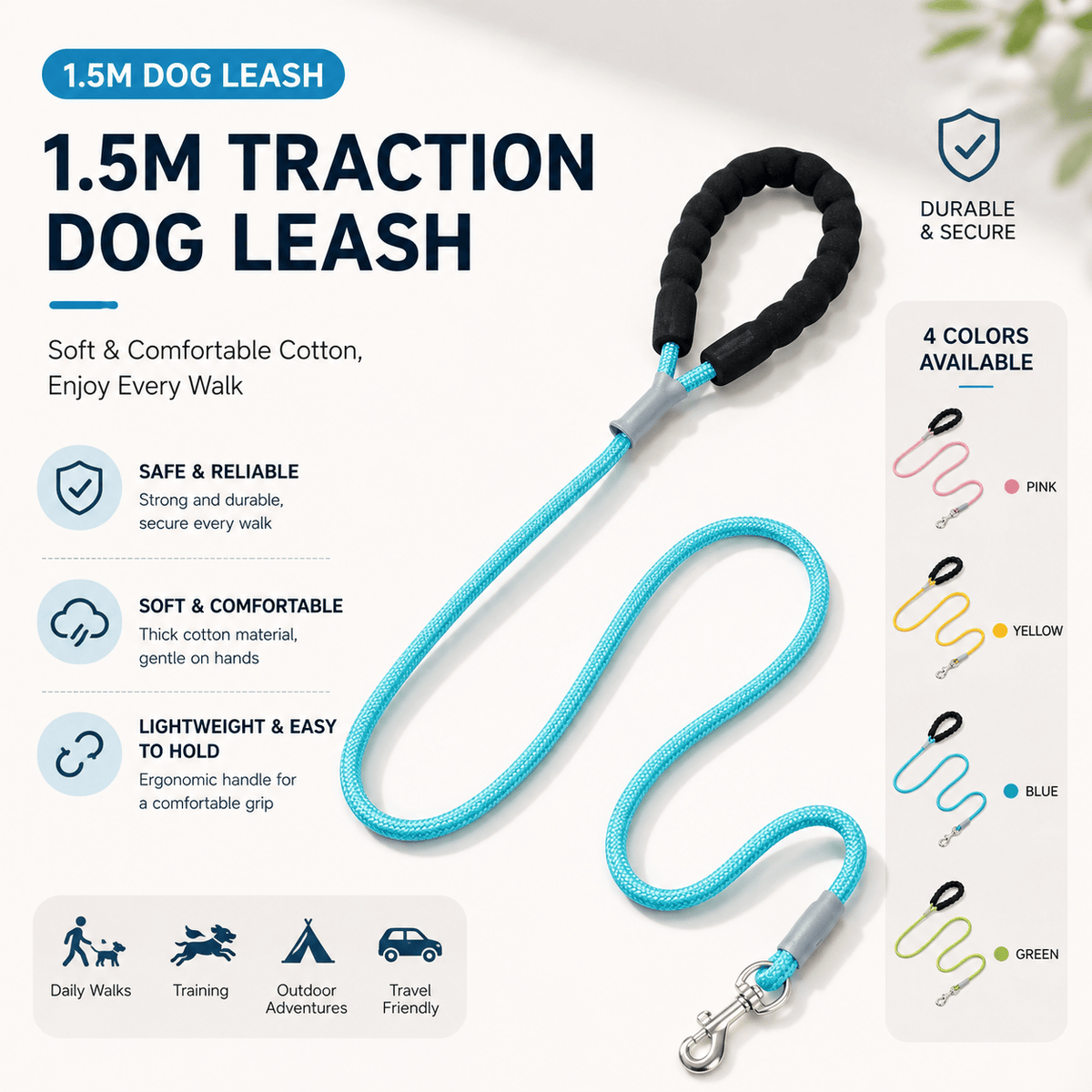 Blue braided cotton rope leash with a padded handle and metal clip, shown with the pink, yellow, blue and green color options.