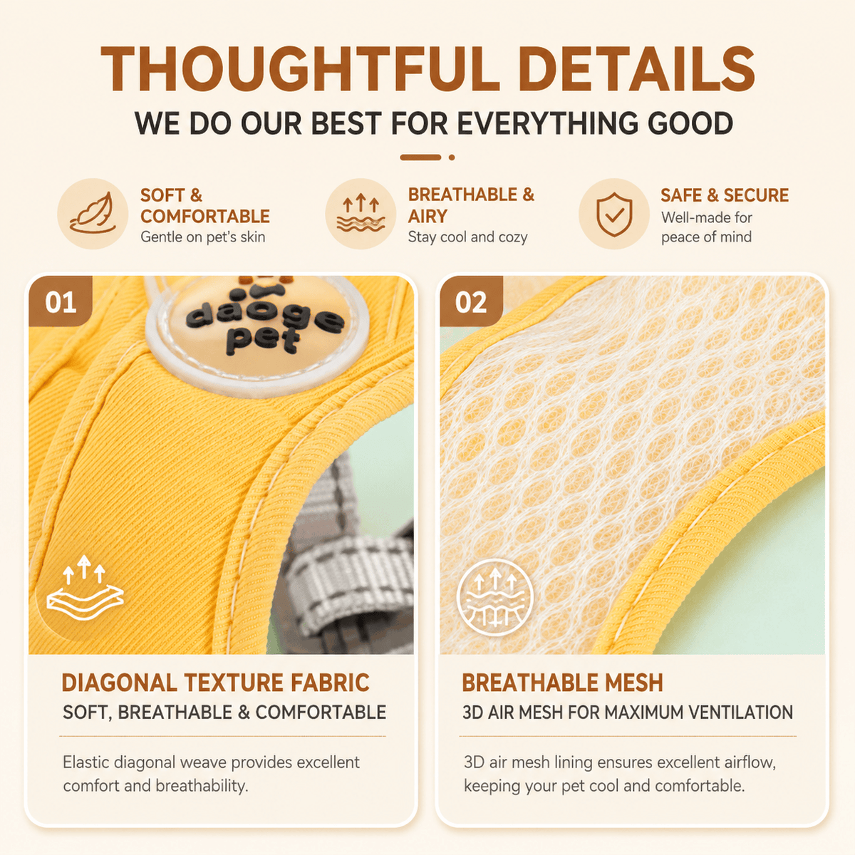 Close ups of the yellow harness showing the elastic diagonal weave outer fabric and the 3D air mesh lining inside.