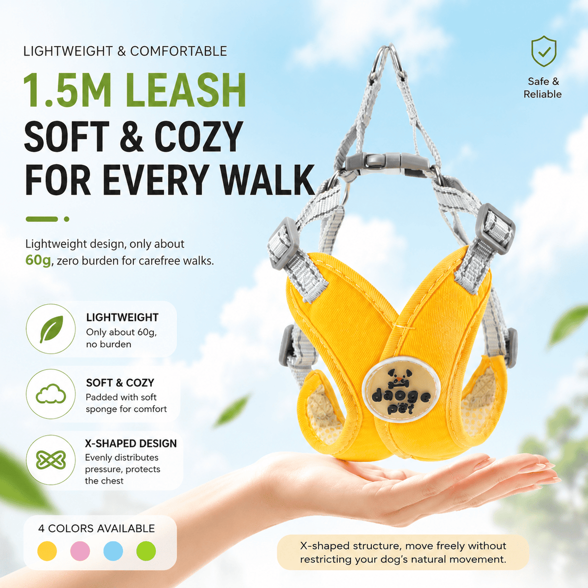 Yellow vest harness held in an open hand, labeled lightweight, soft and cozy padding and an X shaped design that spreads pressure across the chest.