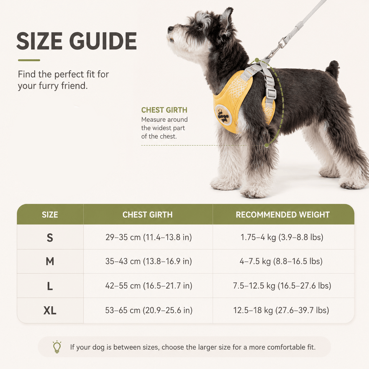 Size guide for the dog harness and leash set showing how to measure chest girth and the recommended weight range for each size.