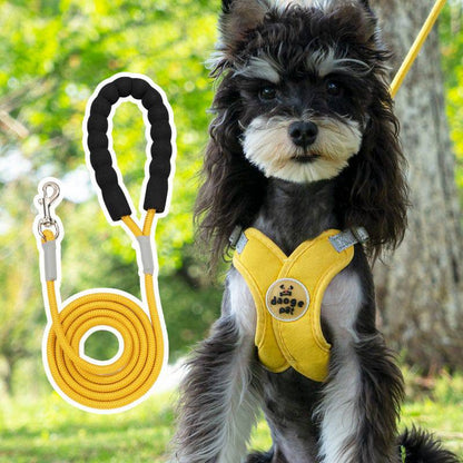 Small dog outdoors in the yellow vest harness with the matching yellow rope leash shown beside it.