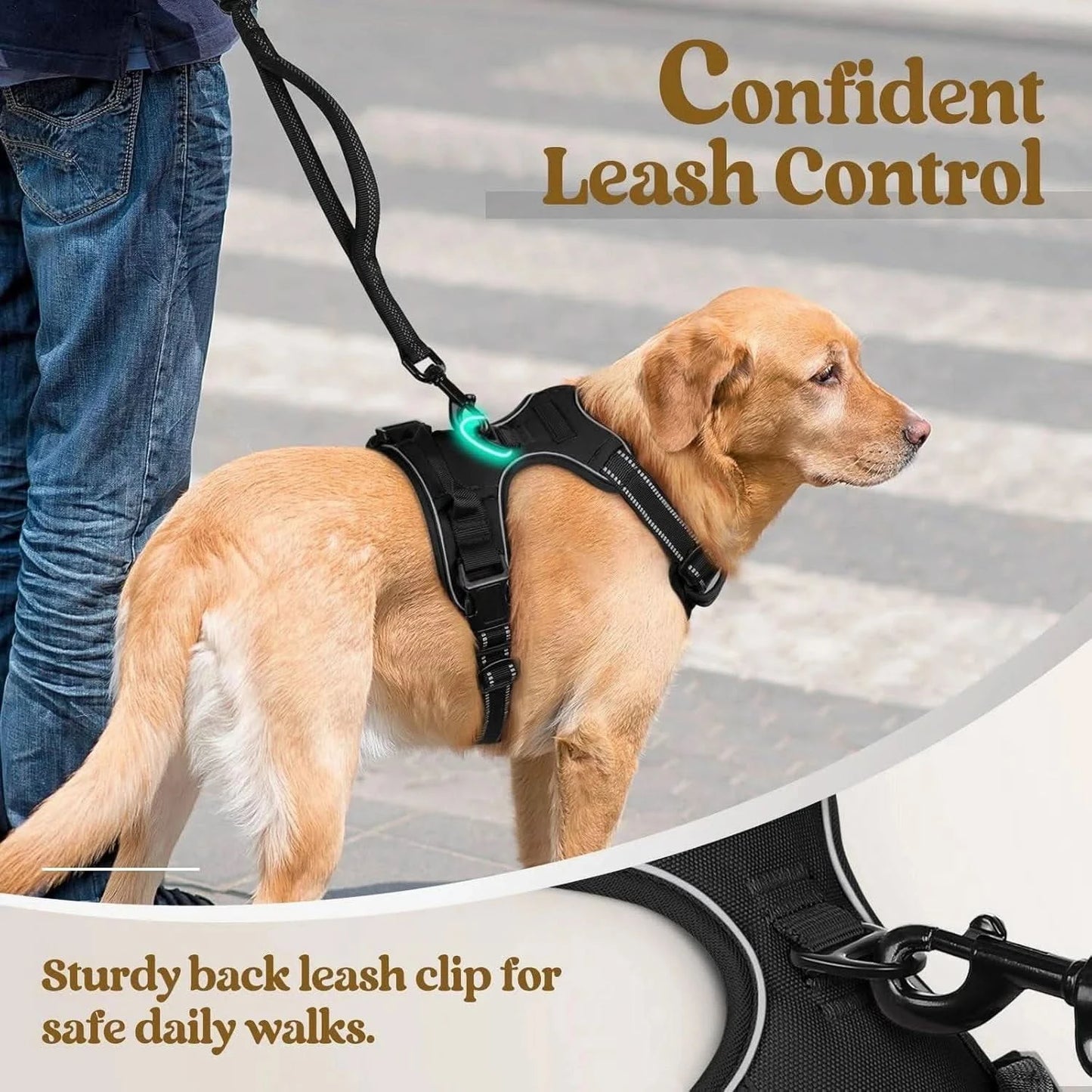 Noblias no pull dog harness with front clip, adjustable reflective vest, handle for control, and secure fit for walking safety.