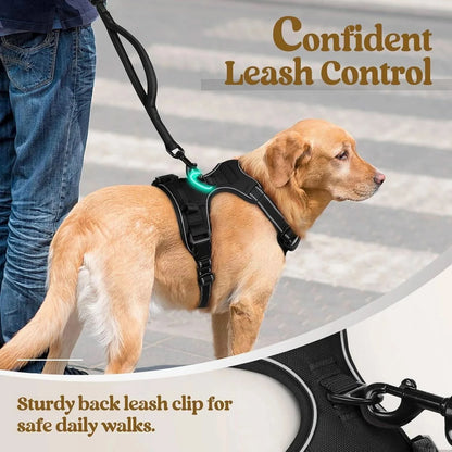 Noblias no pull dog harness with front clip, adjustable reflective vest, handle for control, and secure fit for walking safety.