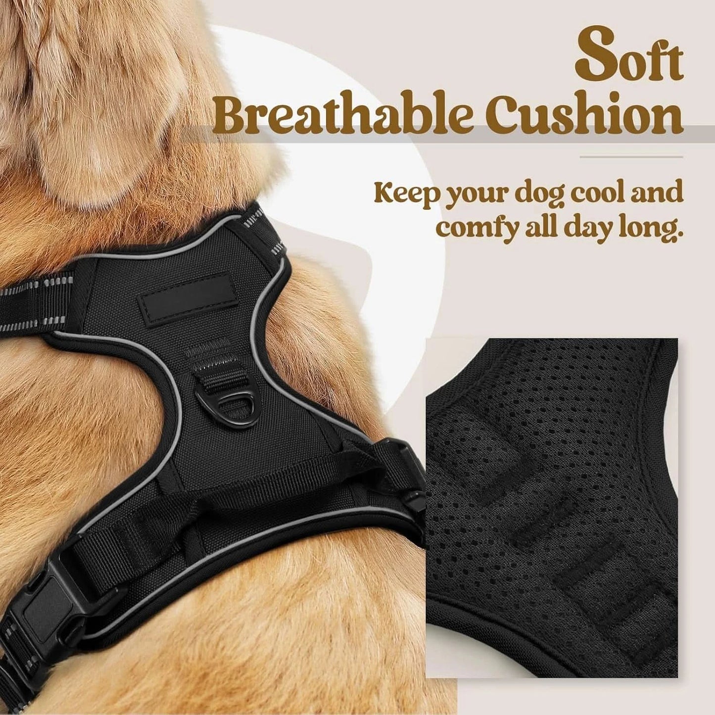 Noblias no-pull dog harness with front clip, adjustable fit, reflective vest, breathable padding, and handle for secure control.