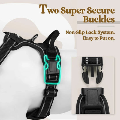 Noblias no pull dog harness with front clip, adjustable straps, reflective vest, and handle for comfortable, secure walks.