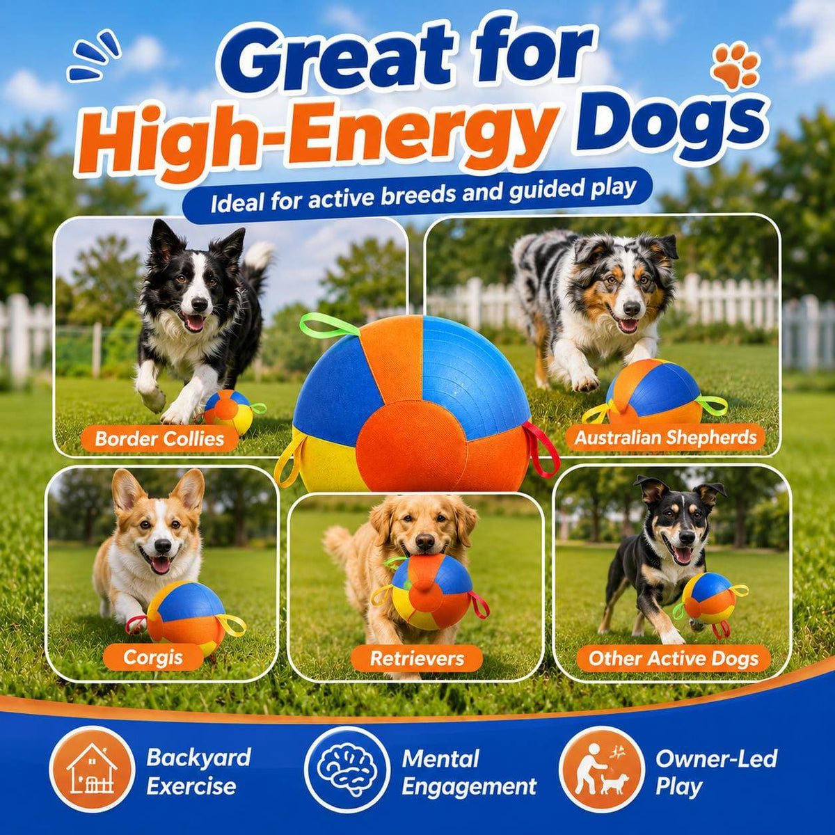 Great for high-energy dogs panel showing Border Collies, Australian Shepherds, Corgis, retrievers and other active dogs playing with the herding ball