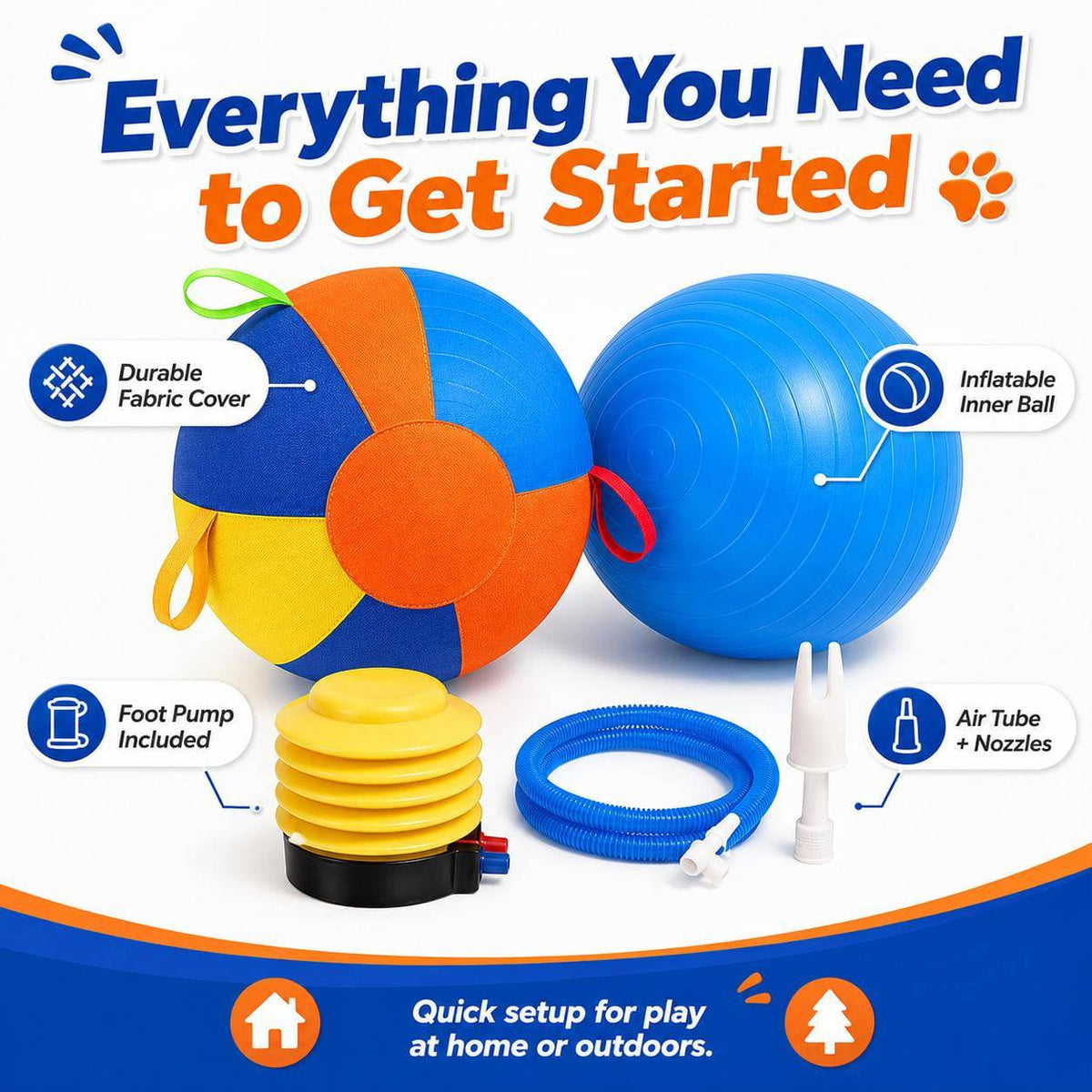 Everything included with the dog herding ball: durable fabric cover, inflatable inner ball, foot pump, air tube and nozzles