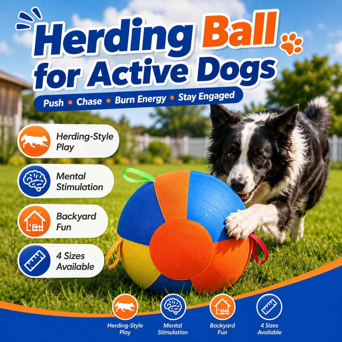 Herding ball for active dogs feature panel listing herding-style play, mental stimulation, backyard fun and four available sizes