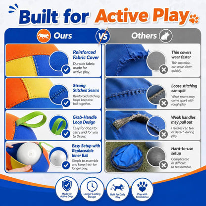Built for active play comparison showing the reinforced fabric cover, stitched seams, grab-handle loops and replaceable inner ball against thinner alternatives