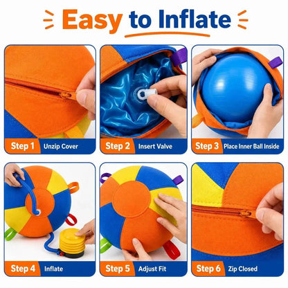 Six step inflation guide: unzip the cover, insert the valve, place the inner ball inside, inflate, adjust the fit and zip the cover closed