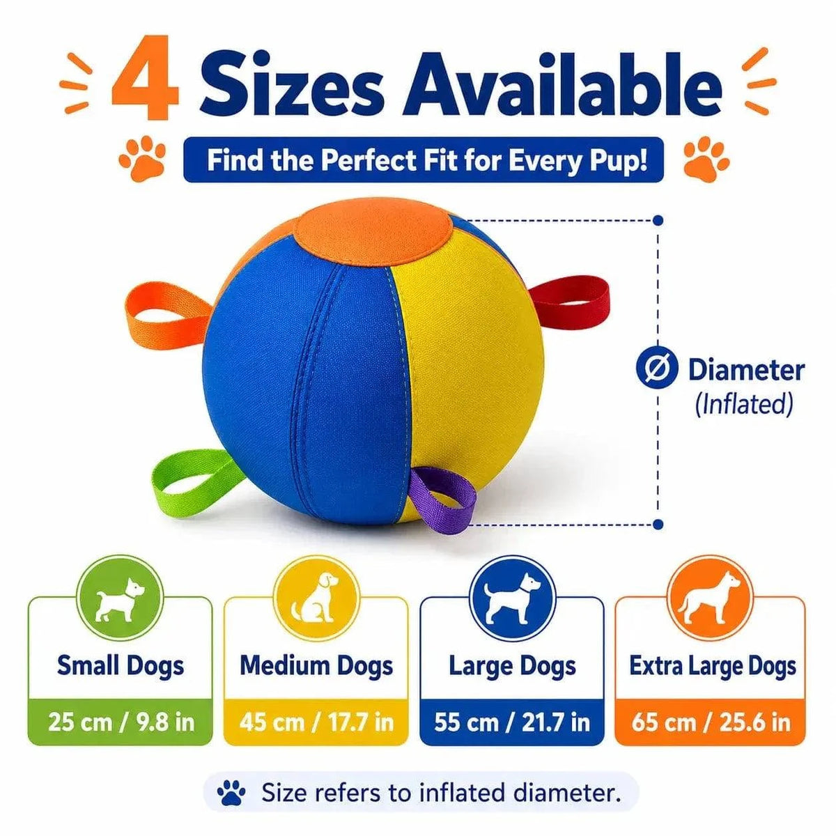Dog herding ball size chart showing 25 cm, 45 cm, 55 cm and 65 cm inflated diameters for small, medium, large and extra large dogs
