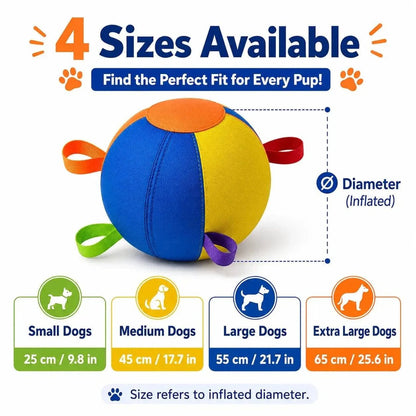 Dog herding ball size chart showing 25 cm, 45 cm, 55 cm and 65 cm inflated diameters for small, medium, large and extra large dogs