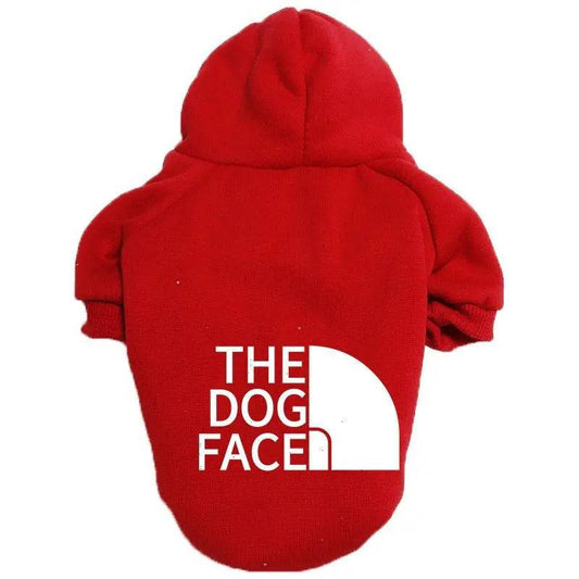 Red fleece dog hoodie sweatshirt shown from the back with a hood and a white block print across the shoulders