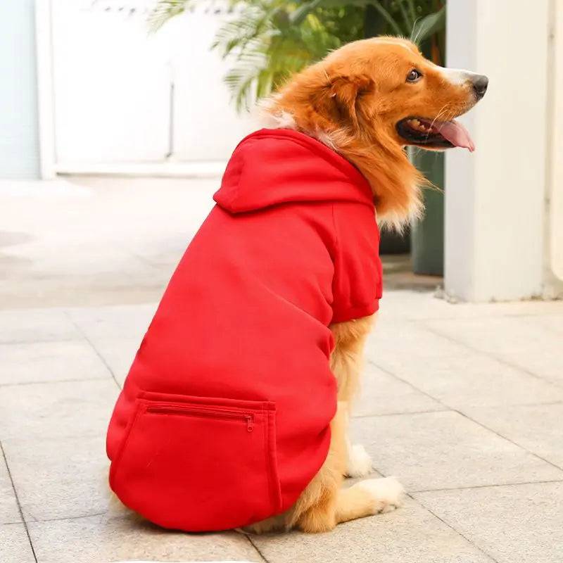 Golden Retriever in the red fleece dog hoodie seen from behind, showing the zip pocket and hood shape