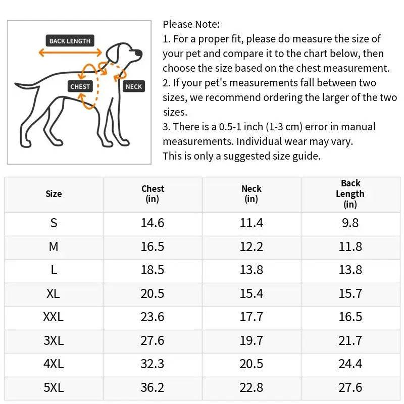 Dog hoodie size chart from S to 5XL listing chest, neck and back length in inches with a measuring diagram