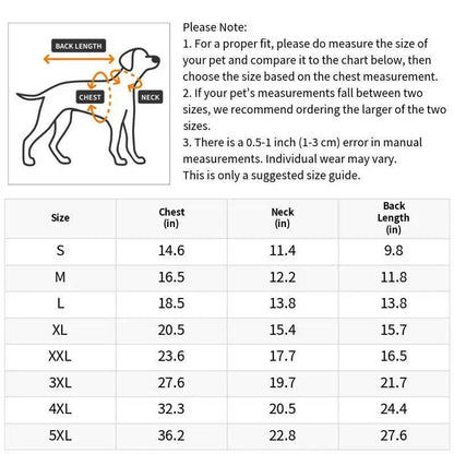 Dog hoodie size chart from S to 5XL listing chest, neck and back length in inches with a measuring diagram