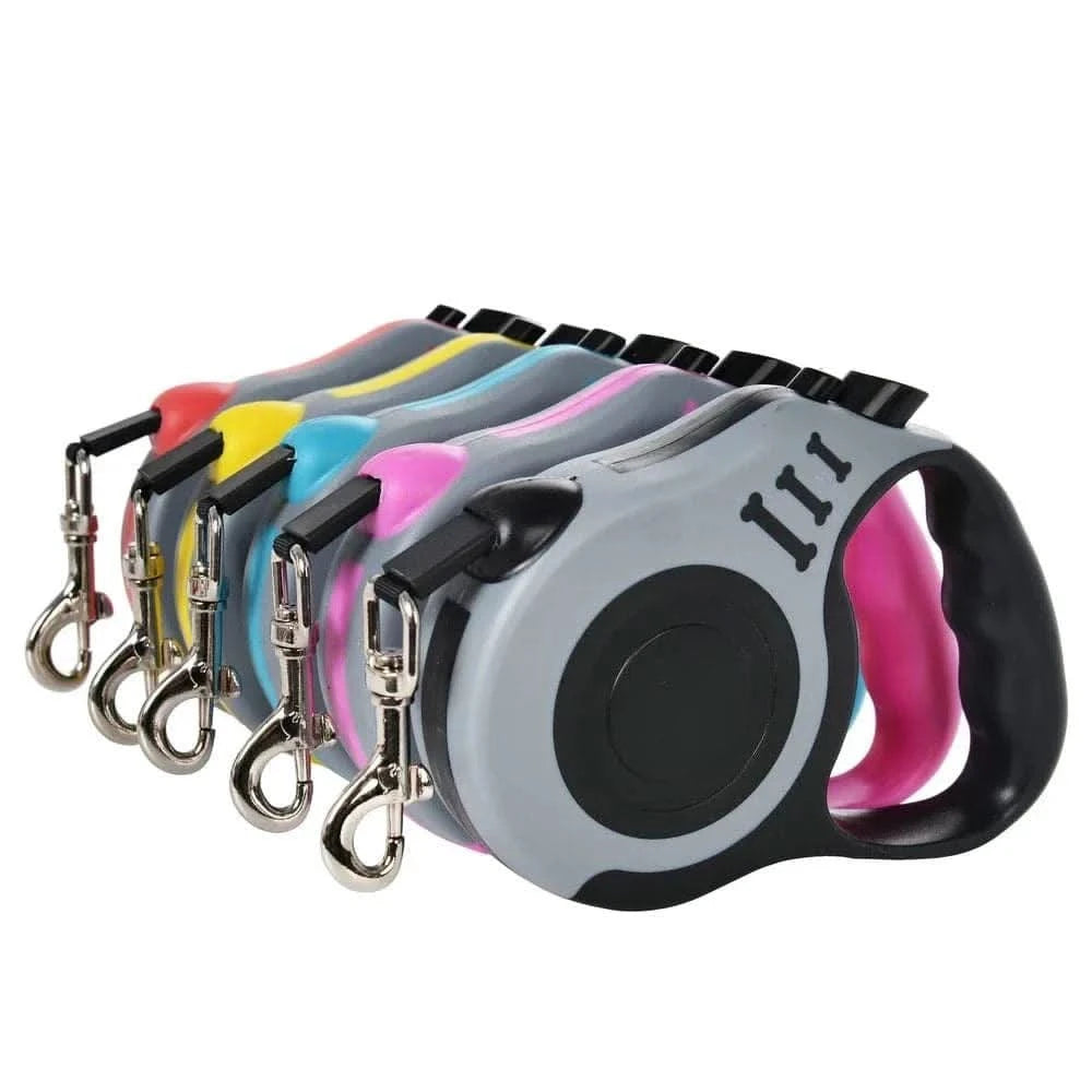 Red and gray Noblias automatic retractable dog leash with a 5m length and one-button brake system for easy control.