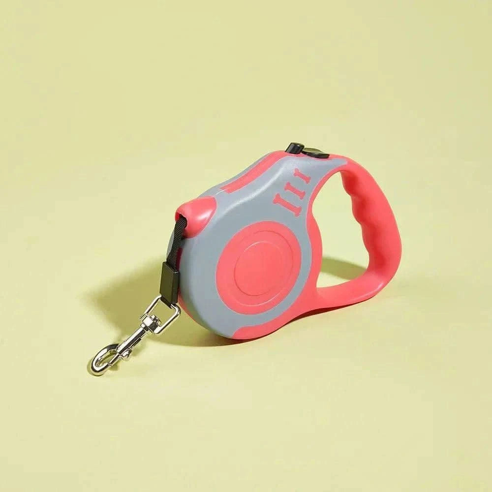 Red and gray Noblias automatic retractable dog leash with a one-button brake system, 5 meters long, for secure pet walking.