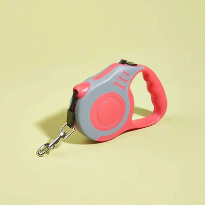 Red and gray Noblias automatic retractable dog leash with a one-button brake system, 5 meters long, for secure pet walking.