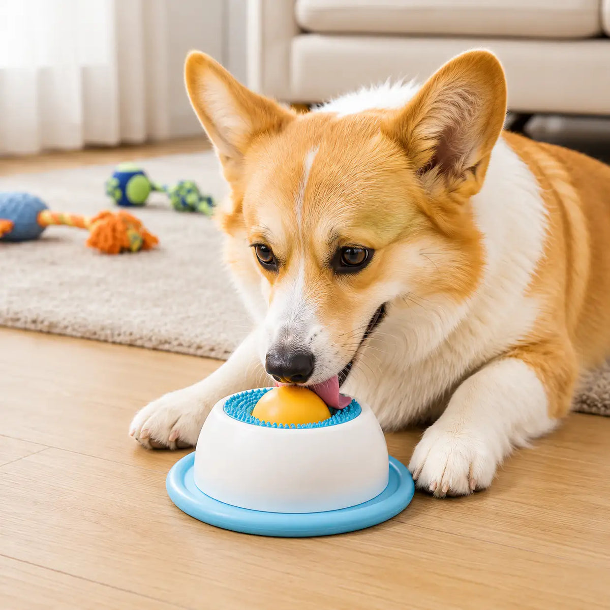 Corgi licking the yellow ball in the center of the blue dog lick bowl for small dogs on a wood floor.