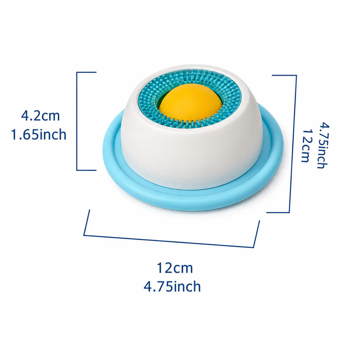 Blue dog lick bowl for small dogs with its 12 cm diameter and 4.2 cm height marked.