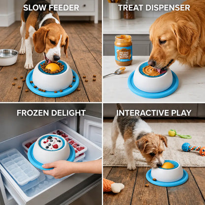 Four panels showing the dog lick bowl for small dogs used as a slow feeder, a treat dispenser, a frozen treat and for interactive play.