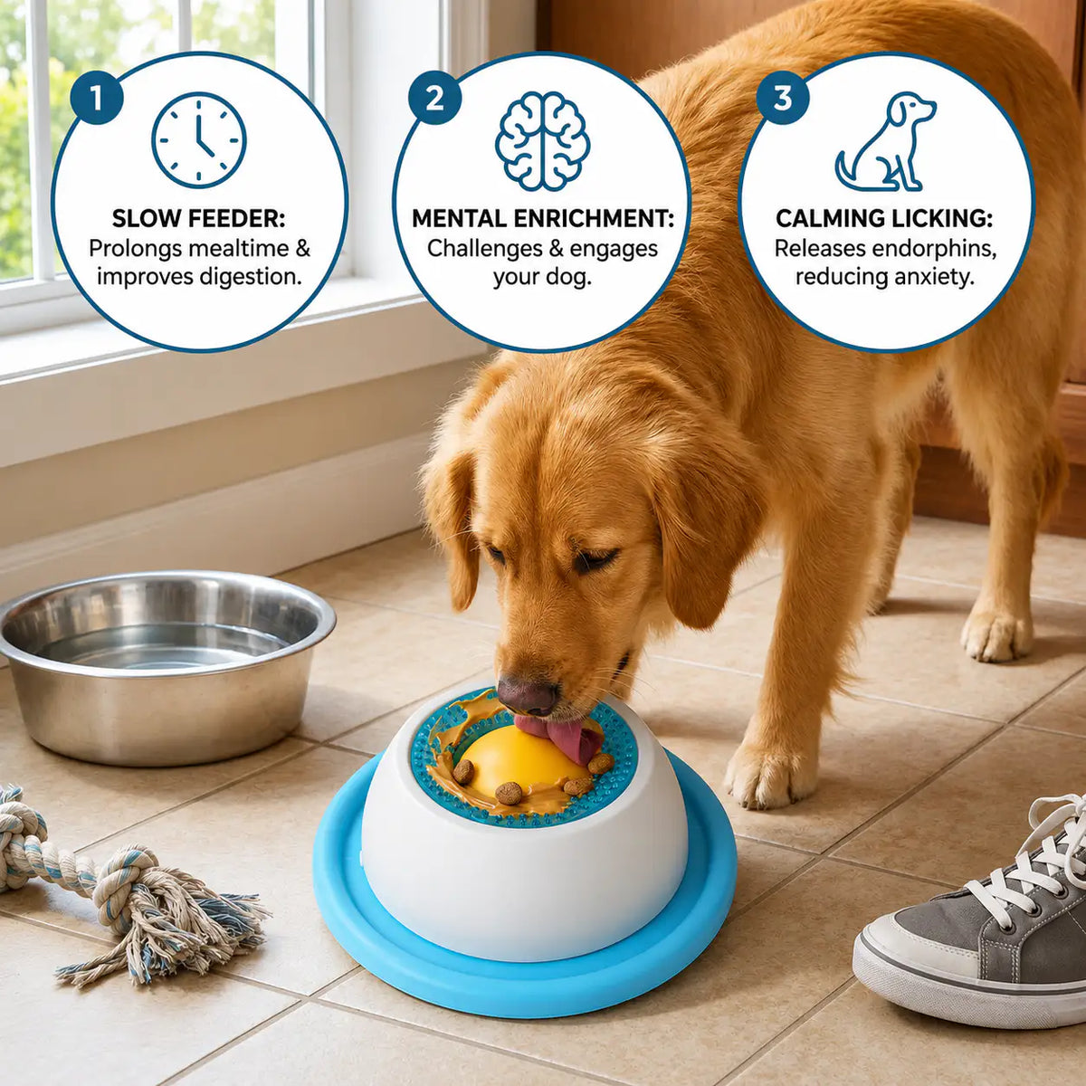 Golden retriever licking the blue dog lick bowl for small dogs with slow feeder, mental enrichment and calming licking icons above.