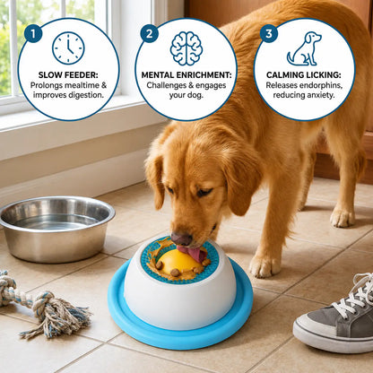 Golden retriever licking the blue dog lick bowl for small dogs with slow feeder, mental enrichment and calming licking icons above.