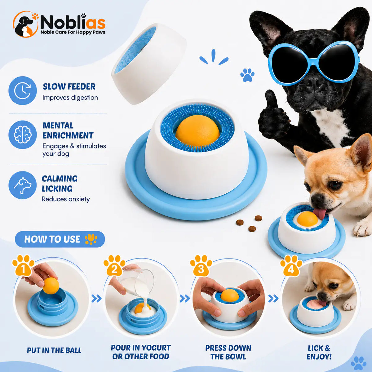 Noblias infographic for the dog lick bowl for small dogs with the four setup steps: put in the ball, pour in yogurt, press down the bowl, lick and enjoy.