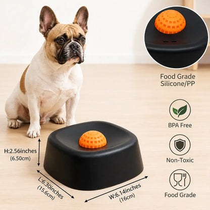 Black dog lick bowl with rolling ball beside a French bulldog, with its 6.3 by 6.14 by 2.56 inch size and food-grade silicone and PP marked.