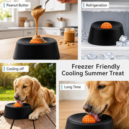 Peanut butter poured over the rolling ball, the dog lick bowl in a freezer, and a golden retriever licking it as a cooling treat.