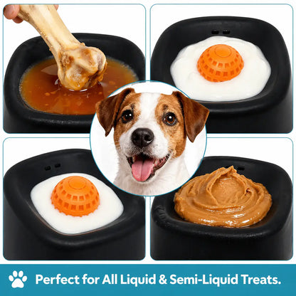 Dog lick bowl with rolling ball filled with bone broth, yogurt and peanut butter, captioned for all liquid and semi-liquid treats.