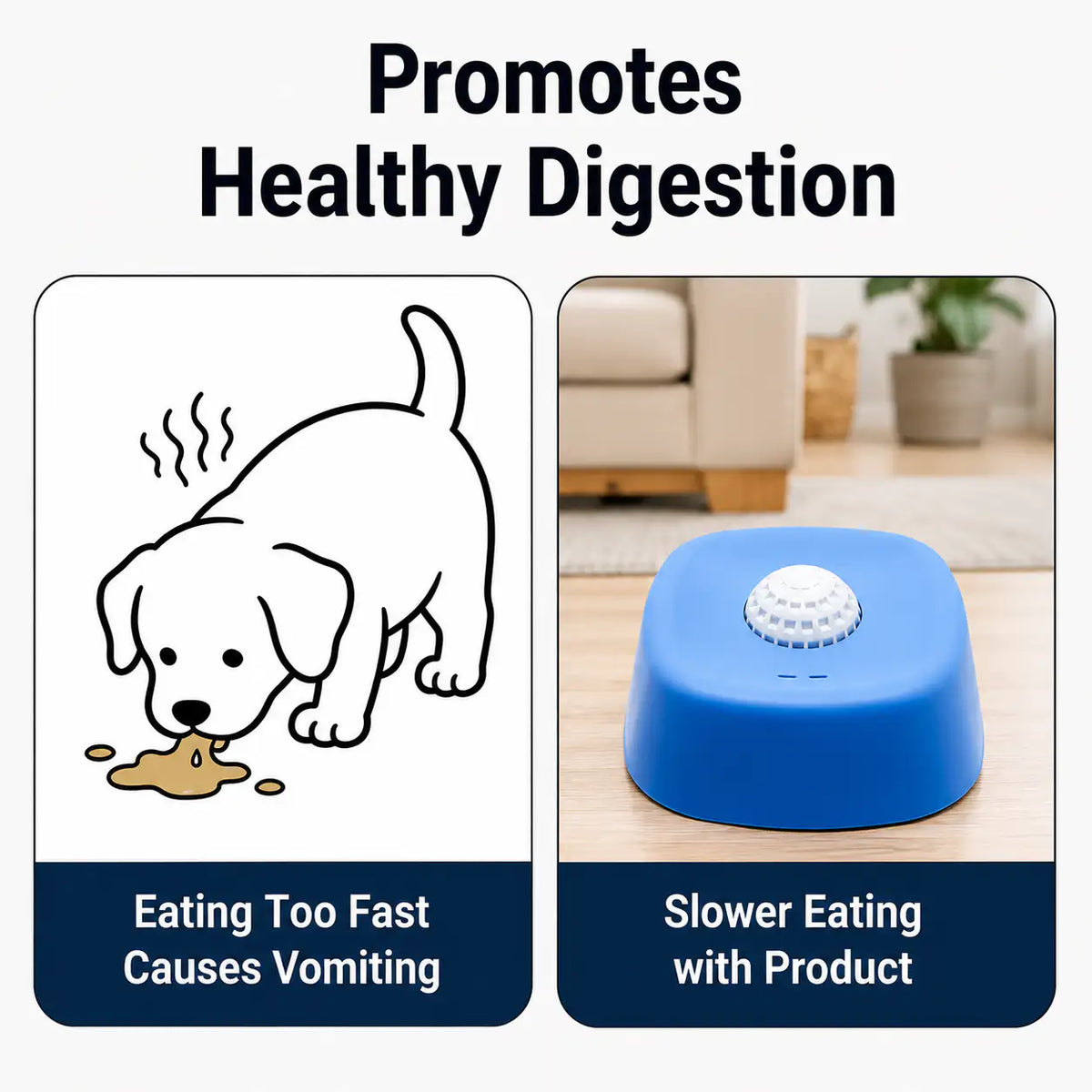 Cartoon of a puppy eating too fast beside the blue dog lick bowl with rolling ball for slower eating.
