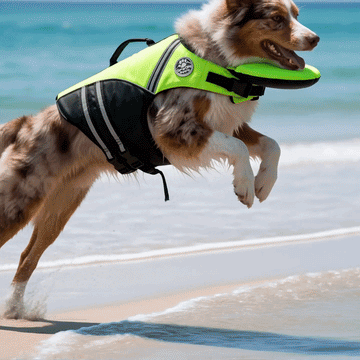 Australian Shepherd running out of the surf in the neon green Noblias dog life jacket with its chin float raised