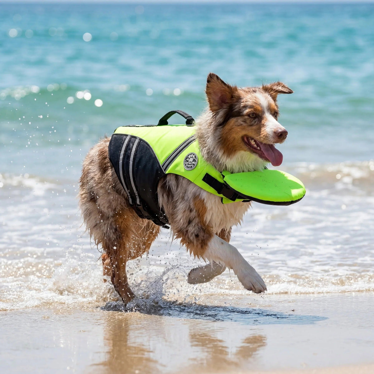 Australian Shepherd bounding through breaking waves in the neon green dog life jacket
