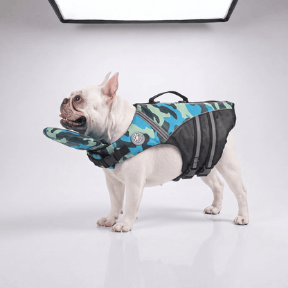 Blue camo dog life jacket shown on a French Bulldog against a plain studio background
