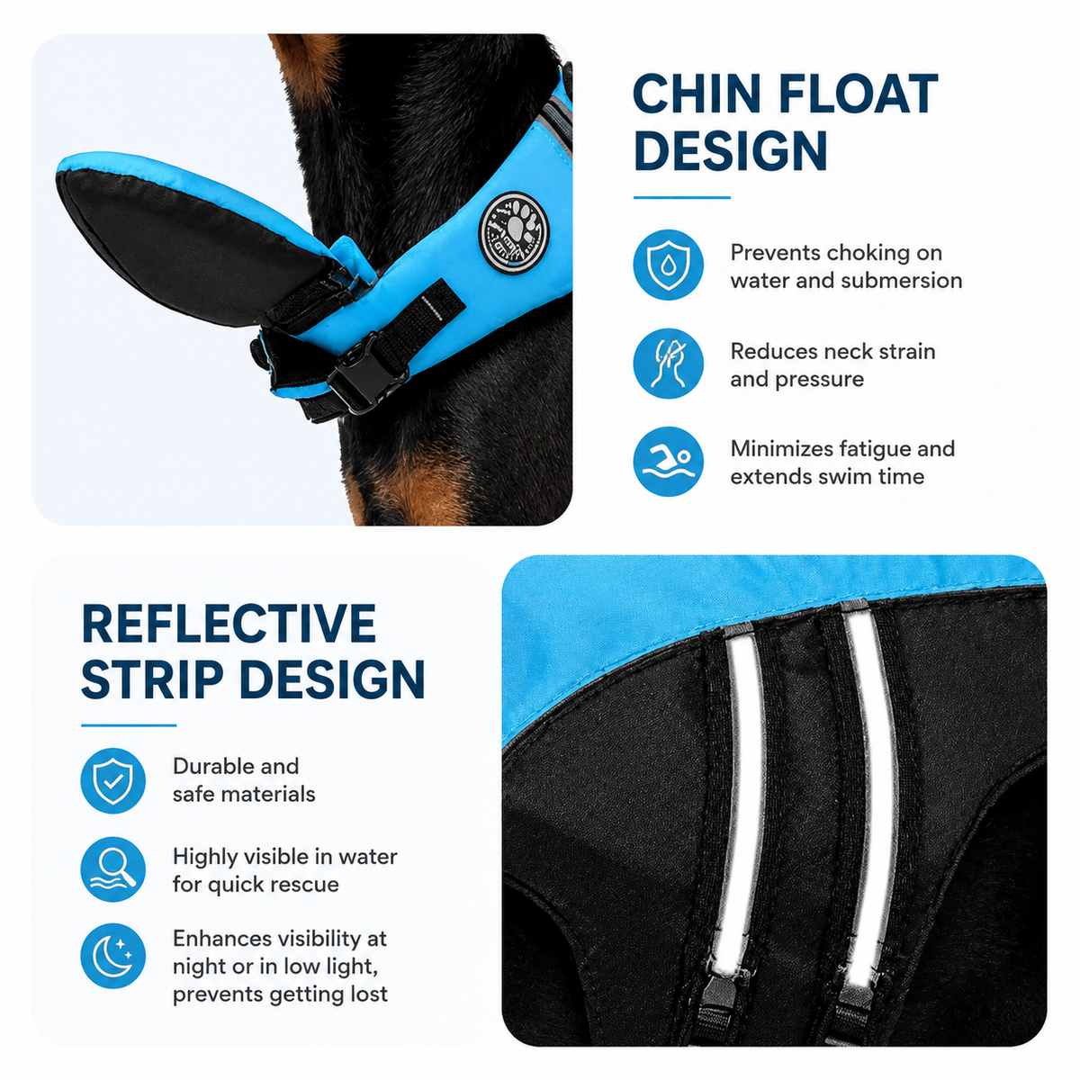 Chin float design and reflective strip design panel explaining reduced neck strain, longer swim time and visibility in low light