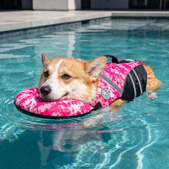 Corgi floating in a pool in the pink camo dog life jacket with its head resting on the chin float