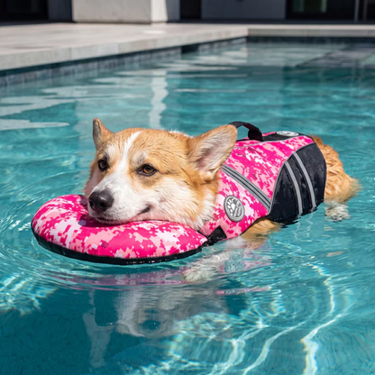 Corgi floating in a pool in the pink camo dog life jacket with its head resting on the chin float