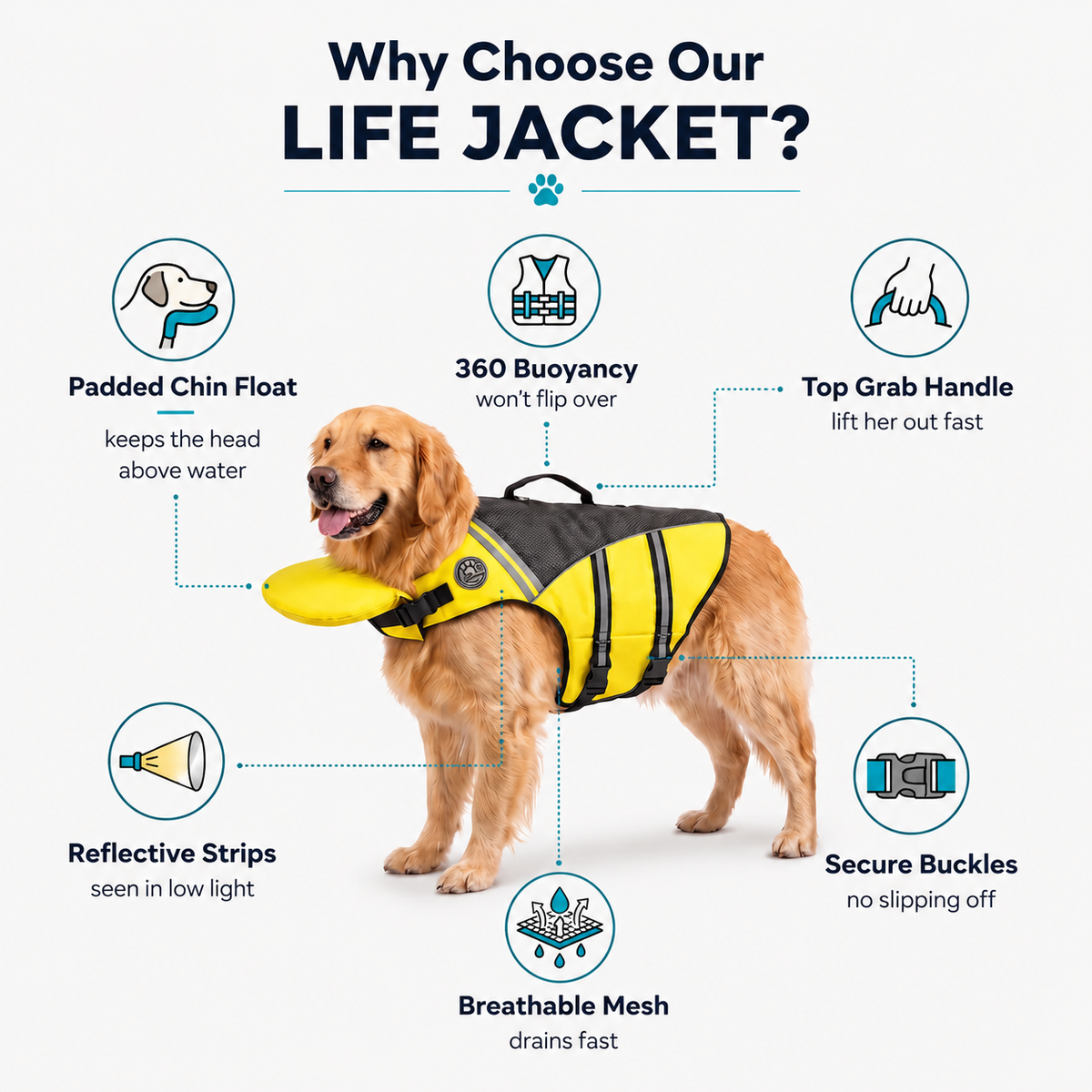 Feature overview naming the padded chin float, 360 degree buoyancy, top grab handle, reflective strips, breathable mesh and secure buckles