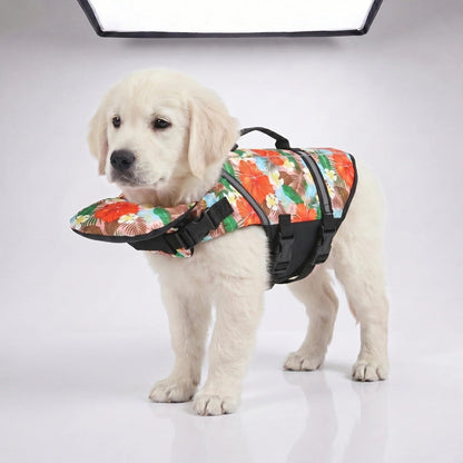 Floral orange dog life jacket shown on a Golden Retriever against a plain studio background