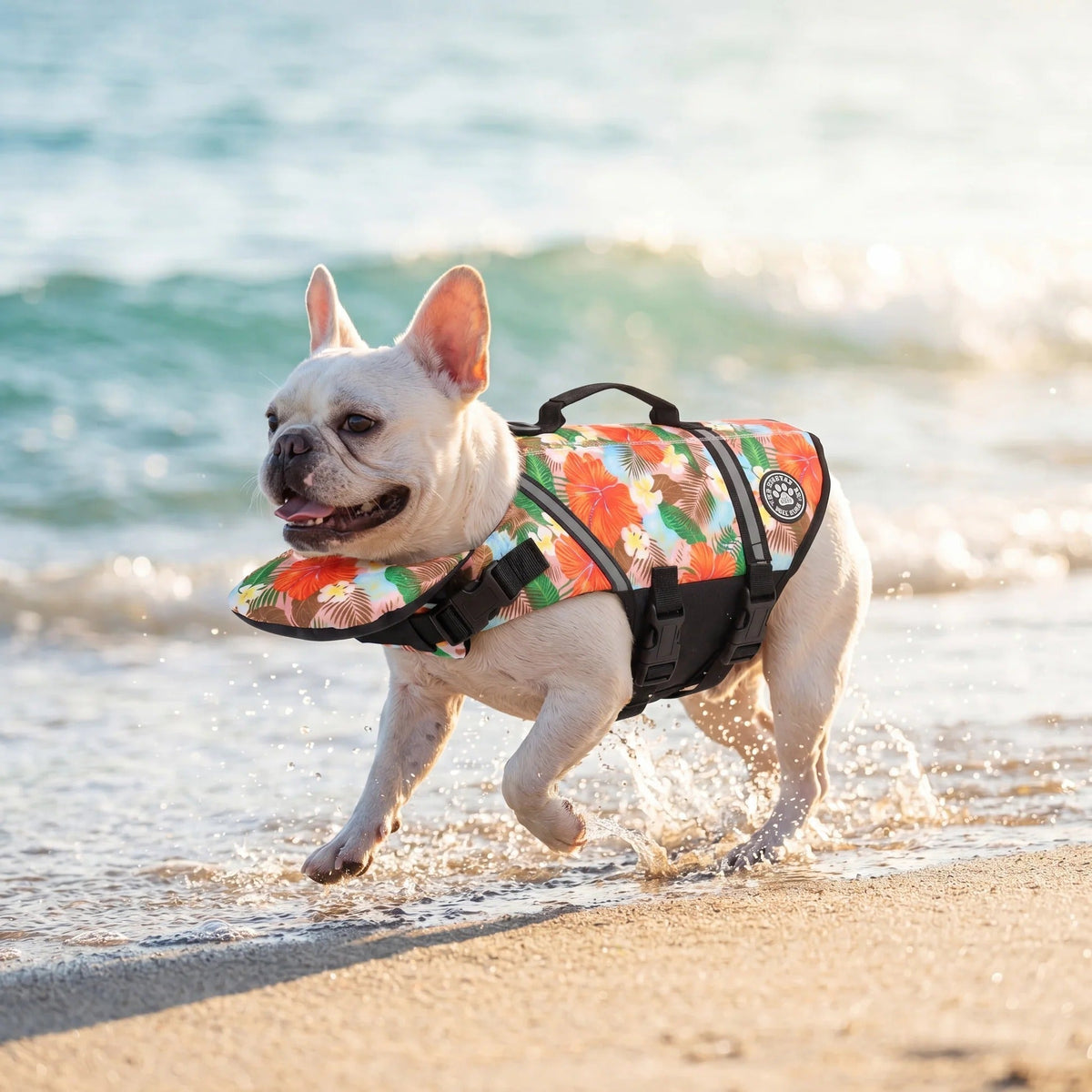French Bulldog walking through shallow water in the floral orange dog life jacket with the top grab handle visible