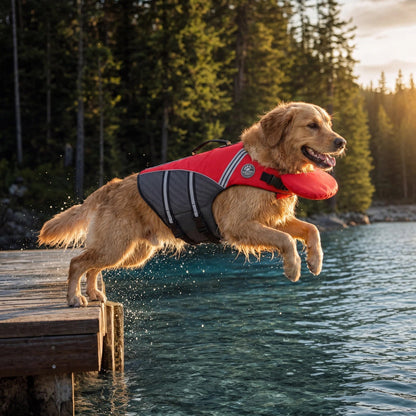 Golden Retriever leaping off a dock into a lake in the classic red dog life jacket