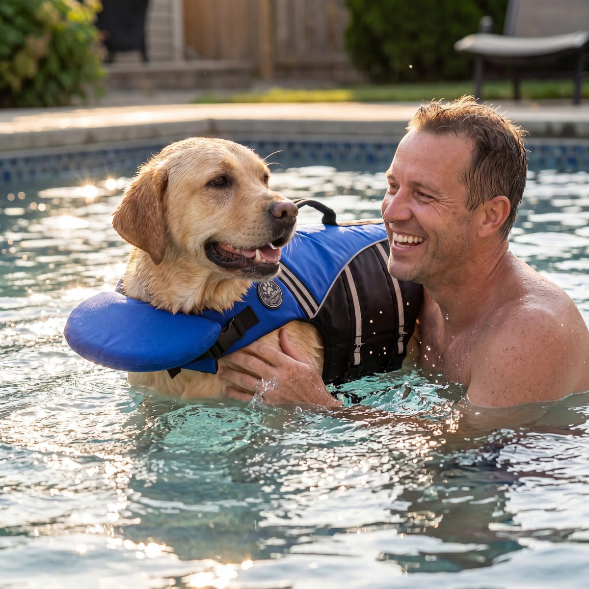 Owner lifting a Golden Retriever in a pool by the grab handle on the back of the blue dog life jacket