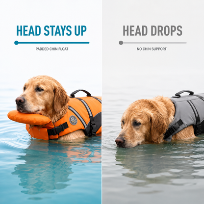 Comparison panel: head stays up with the padded chin float on the left, head drops without one on the right