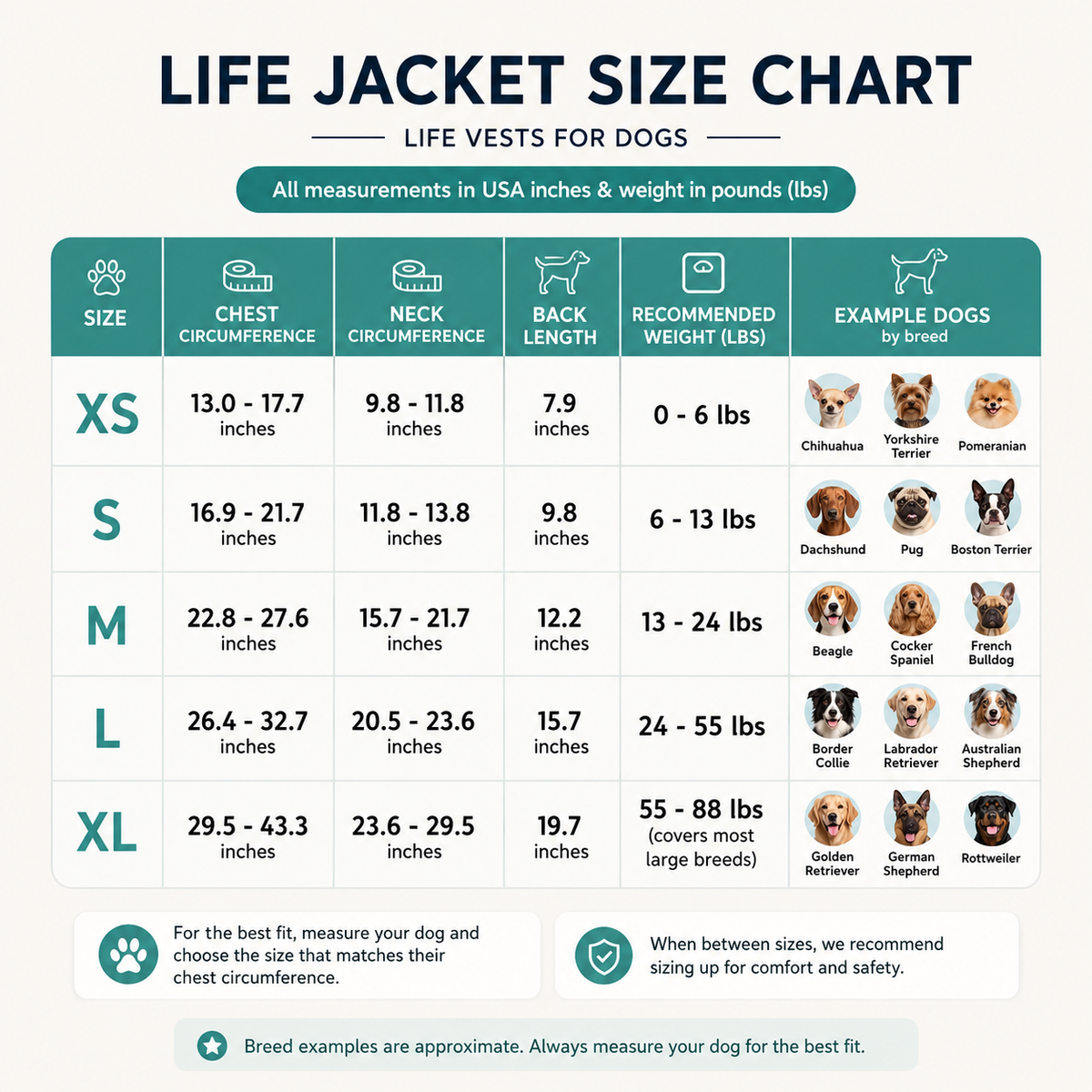 Dog life jacket size chart listing chest circumference, neck, back length, recommended weight and example breeds for XS to XL