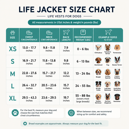 Dog life jacket size chart listing chest circumference, neck, back length, recommended weight and example breeds for XS to XL